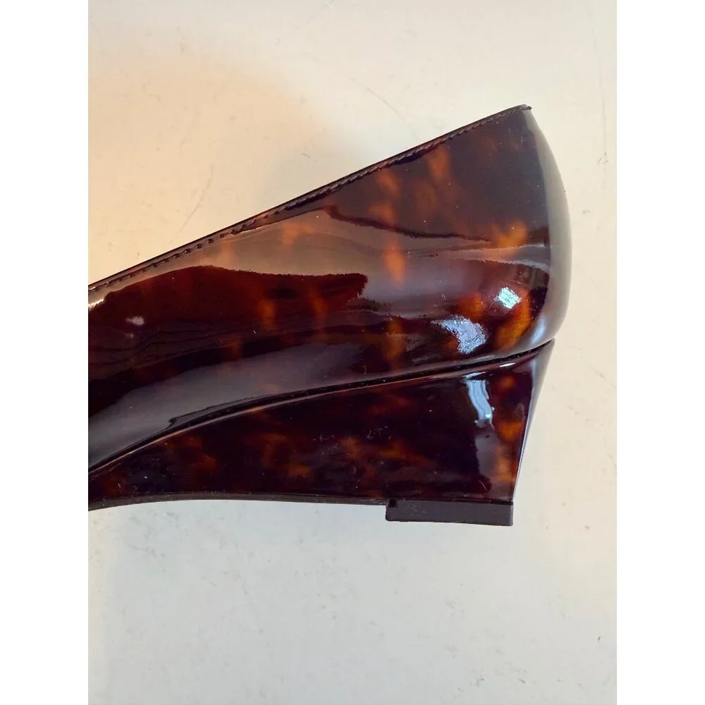 Stuart Weitzman Nusimple Cognac Tartaruga Patent Leather Wedge Shoes 7M With Box - Picture 10 of 16